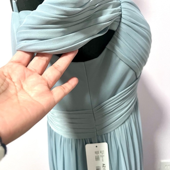 NEW AZAZIE dusty Blue off the shoulder chiffon A line Ruched AJA Maxi Gown A12 - Picture 10 of 10